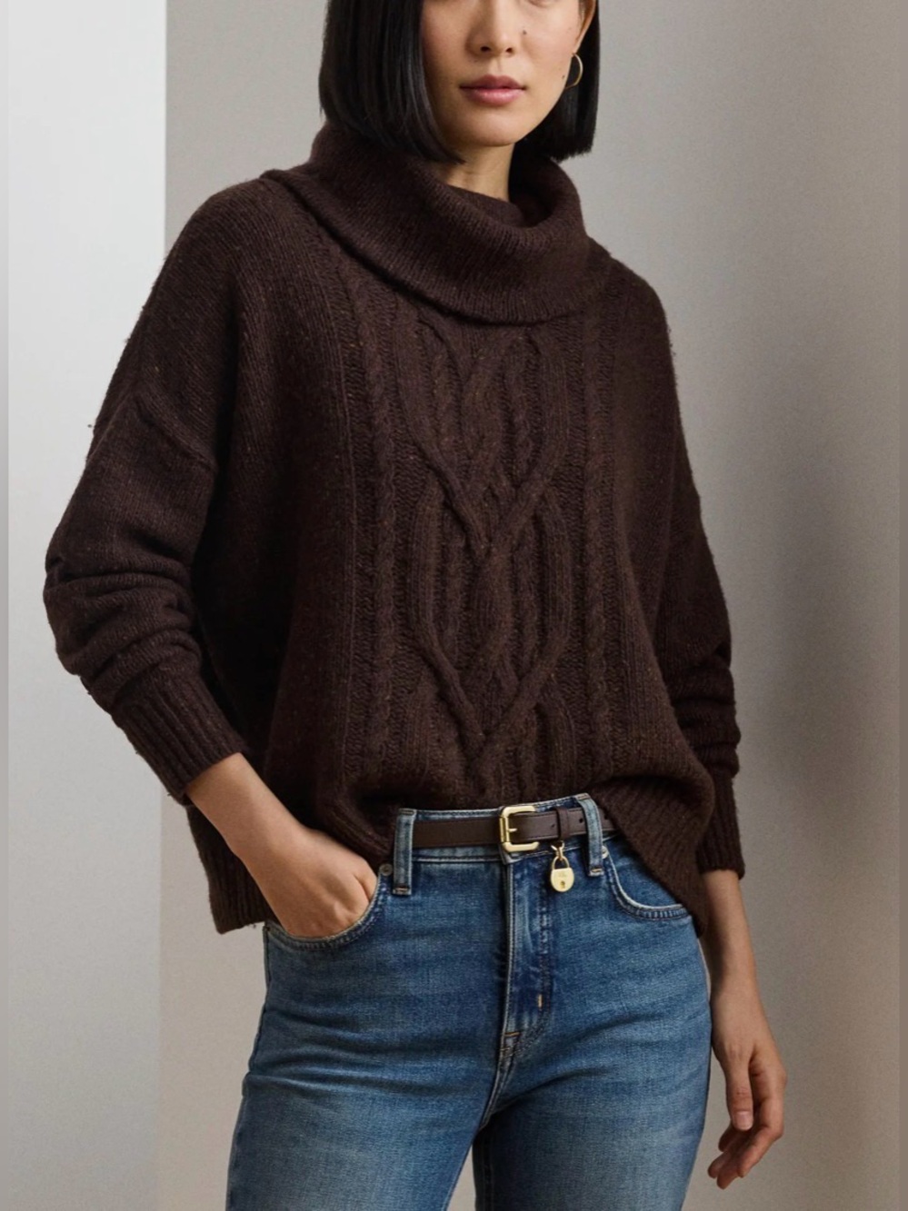 RALPH LAUREN | Brown Wool Blend Turtleneck Aran Knit Size Large - Picture 3 of 17
